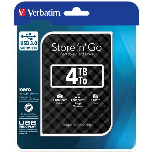 Verbatim 4TB 2.5' USB 3.0 Black Store'n'Go HDD Grid Design