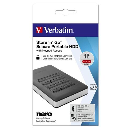 Verbatim Store "n" Go Secure Portable HDD with Keypad Access 1TB - Black