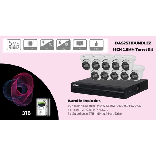 DAHUA Surveillance KIT with 10x HDW2531EMP-AS-0280B-S2-AUS + 1x NVR4216-16P-4KS2/L, 1x 3TB HDD