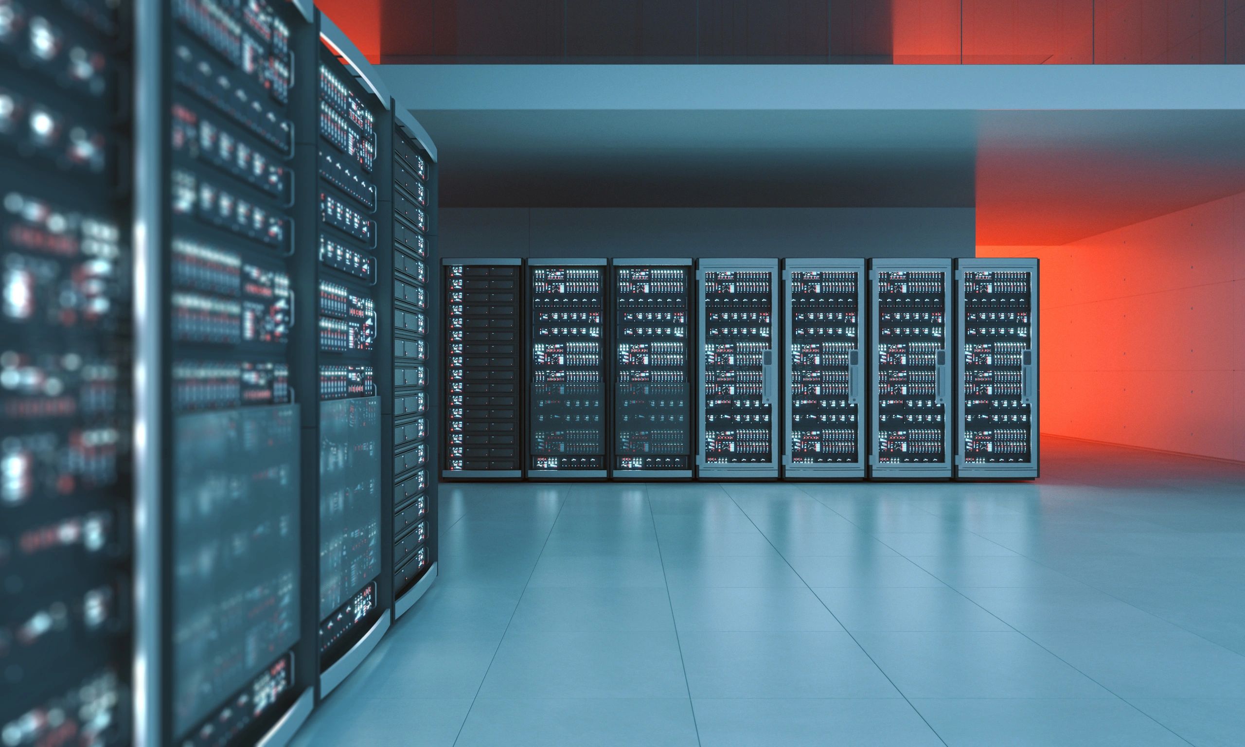 Server racks in a modern data centre representing secure cloud backup